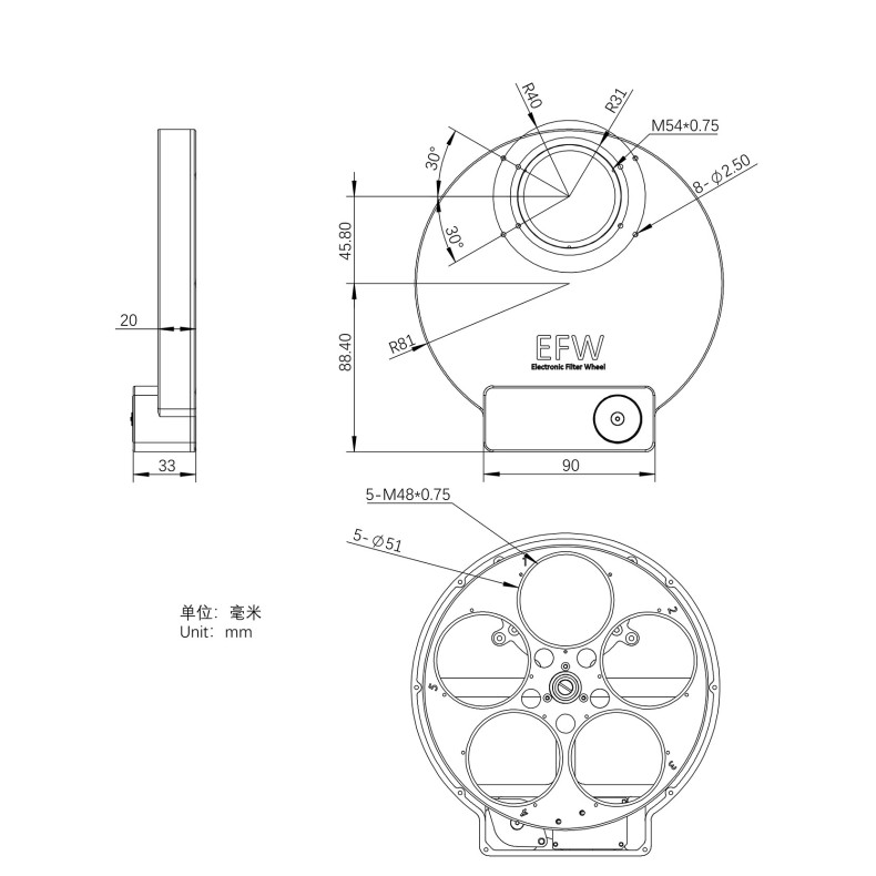 ZWO 5x50.8mm Roda do filtro EFW 5... ZWO 5x50.8mm Roda do filtro EFW 5...