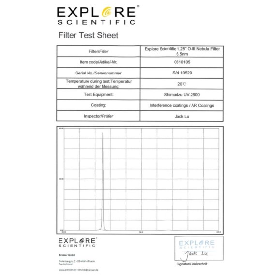 EXPLORE SCIENTIFIC Filtro Filtro nebular O-III de banda estreita 6.5nm