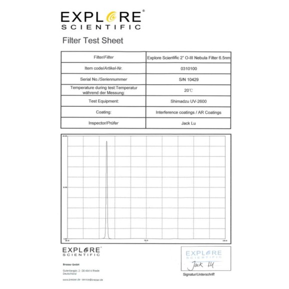 EXPLORE SCIENTIFIC Filtro de nebulosa O-III de banda estreita de 2" 6.5nm