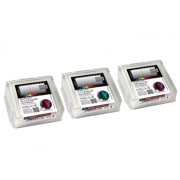 Conjunto de 3 filtros Baader Ultra-Highspeed 3.5 / 4nm f/3 1¼" optimizados para CMOS (H-alpha / O-III / S-II)