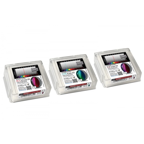 Conjunto de 3 filtros Baader Ultra-Highspeed 3.5 / 4nm f/3 em 2" optimizados para CMOS (H-alpha / O-III / S-II)