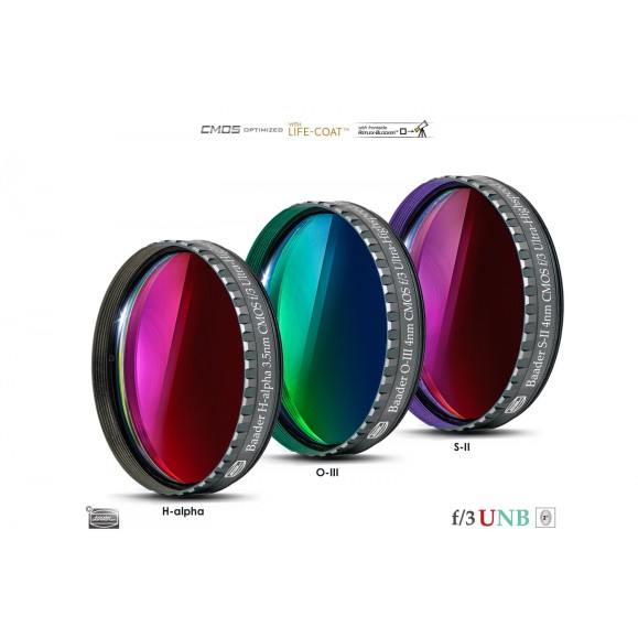 Conjunto de 3 filtros Baader Ultra-Highspeed 3.5 / 4nm f/3 em 2" optimizados para CMOS (H-alpha / O-III / S-II)