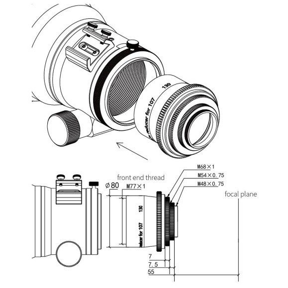 ZWO Redutor de aplanador 0,7x para FF107 & FF130