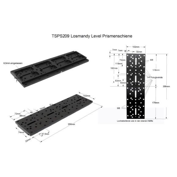 TS Losmandy Universal em cauda de andorinha - Superfície plana do tipo ótico 356 mm de comprimento