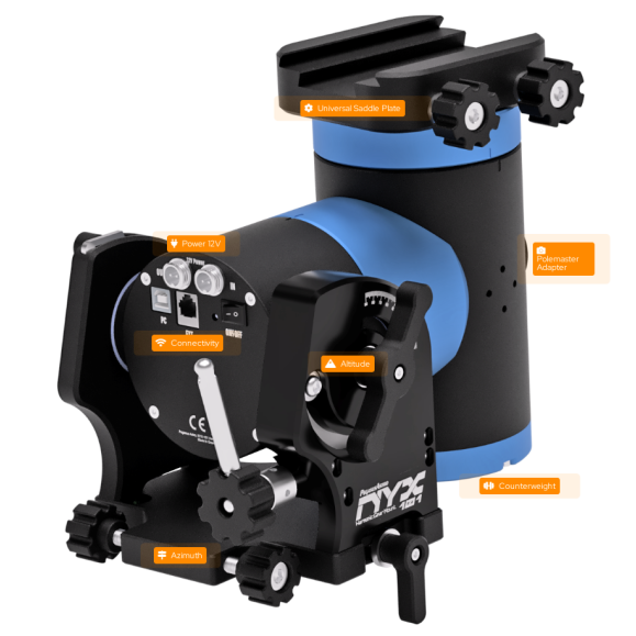 Pegasus Astro Suporte harmónico equatorial NYX-101 com suporte fêmea Saddle Powerbox pré-instalado