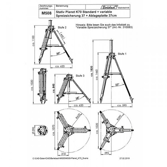 Berlebach Tripé PLANET K70 Coluna redutora com tabuleiro 37 cm + limitador de distância