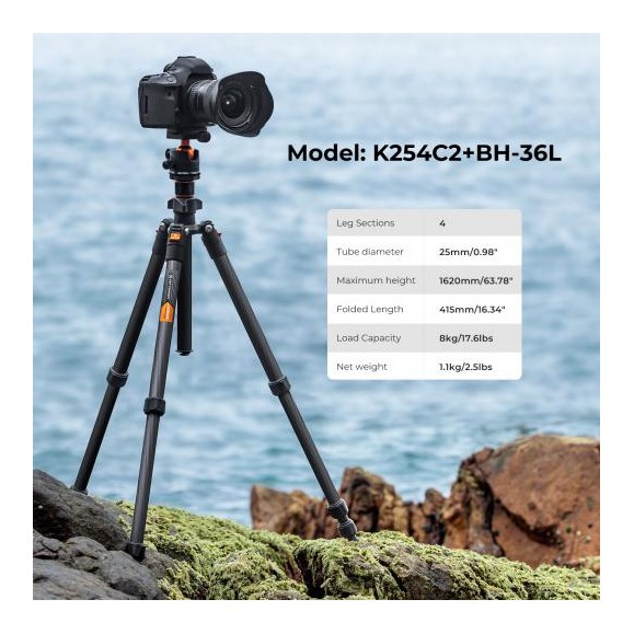 Tripé de câmara em fibra de carbono com cabeça esférica + placa de libertação K&F